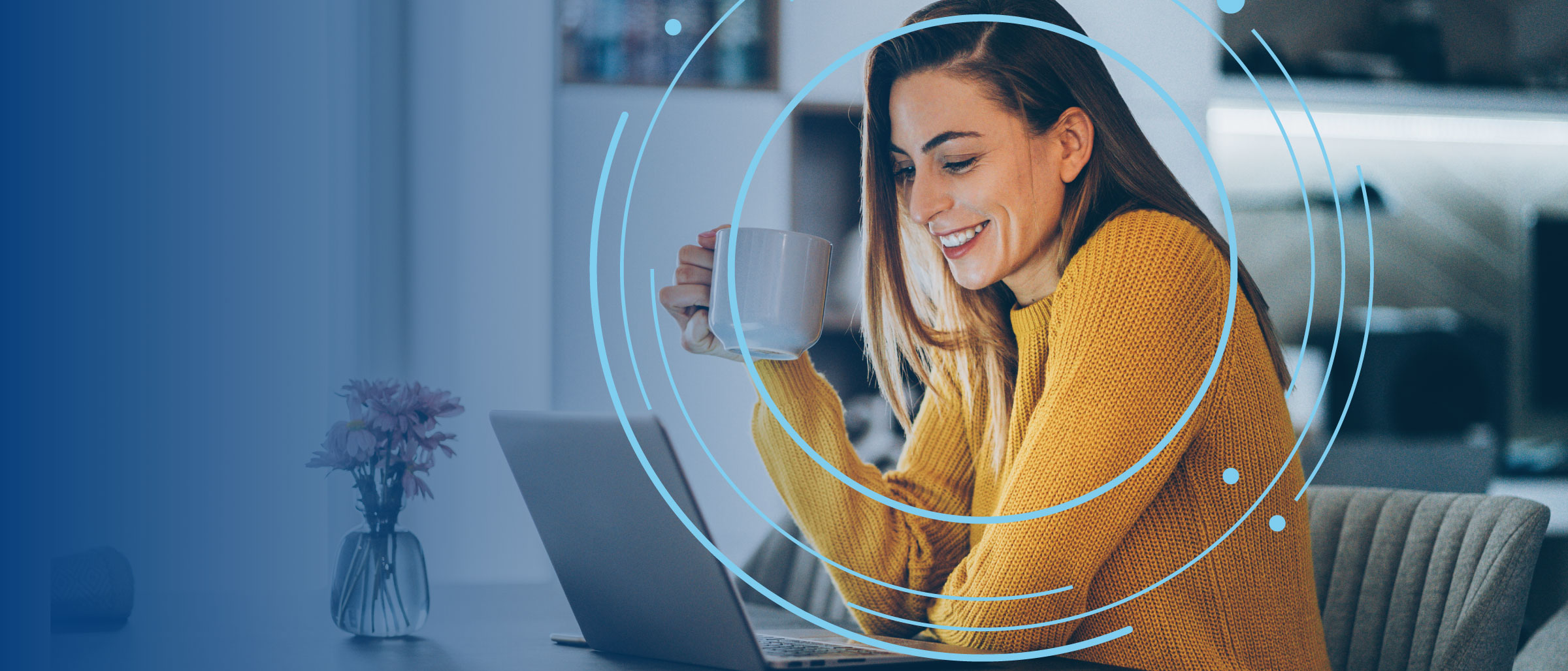 Woman drinking coffee smiling at computer