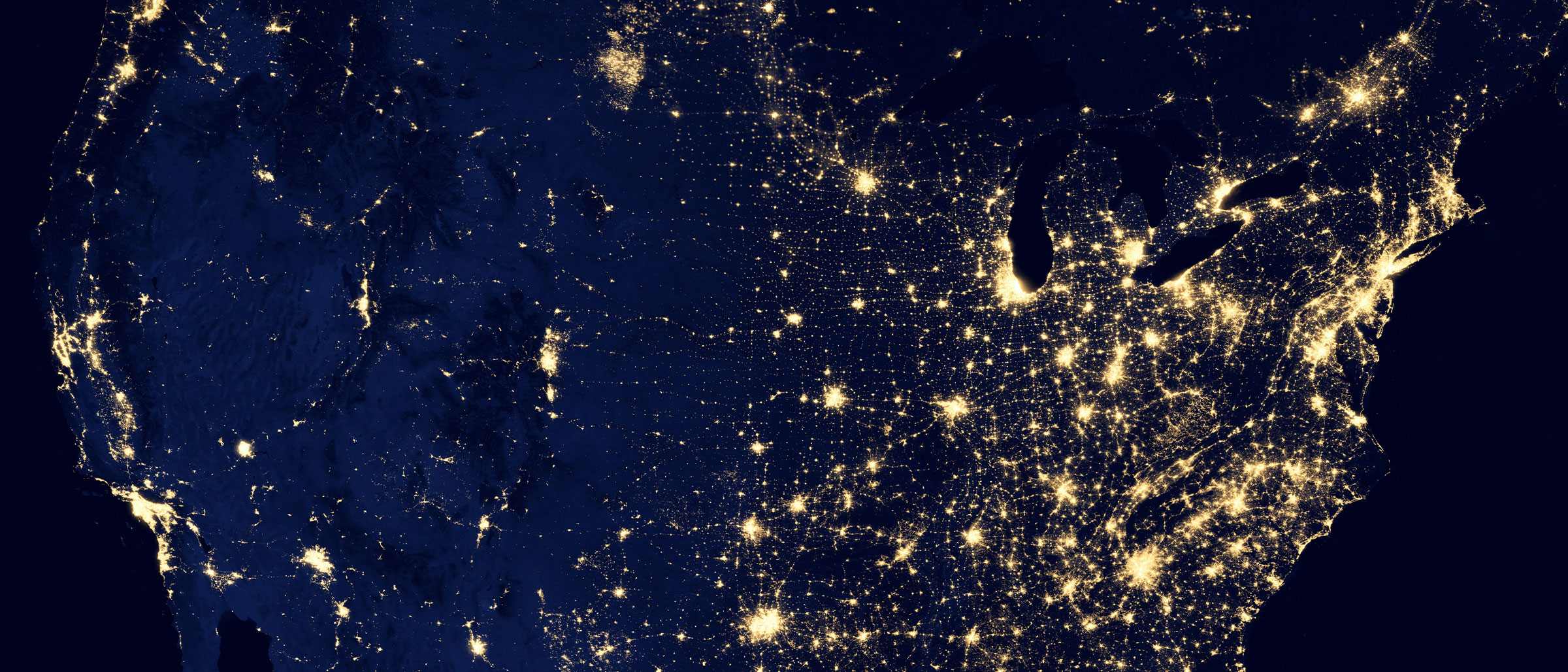 Map of USA with lights on major cities