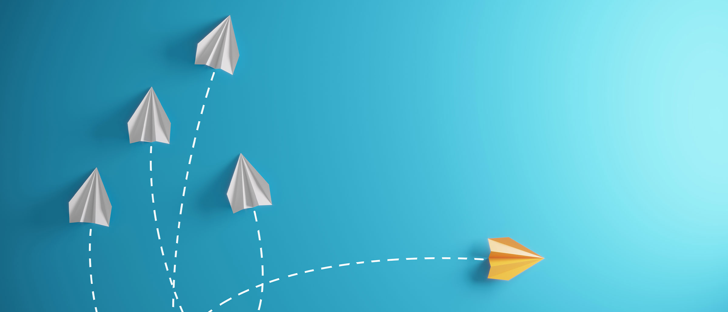 Four paper airplanes flying one way, with one splitting off