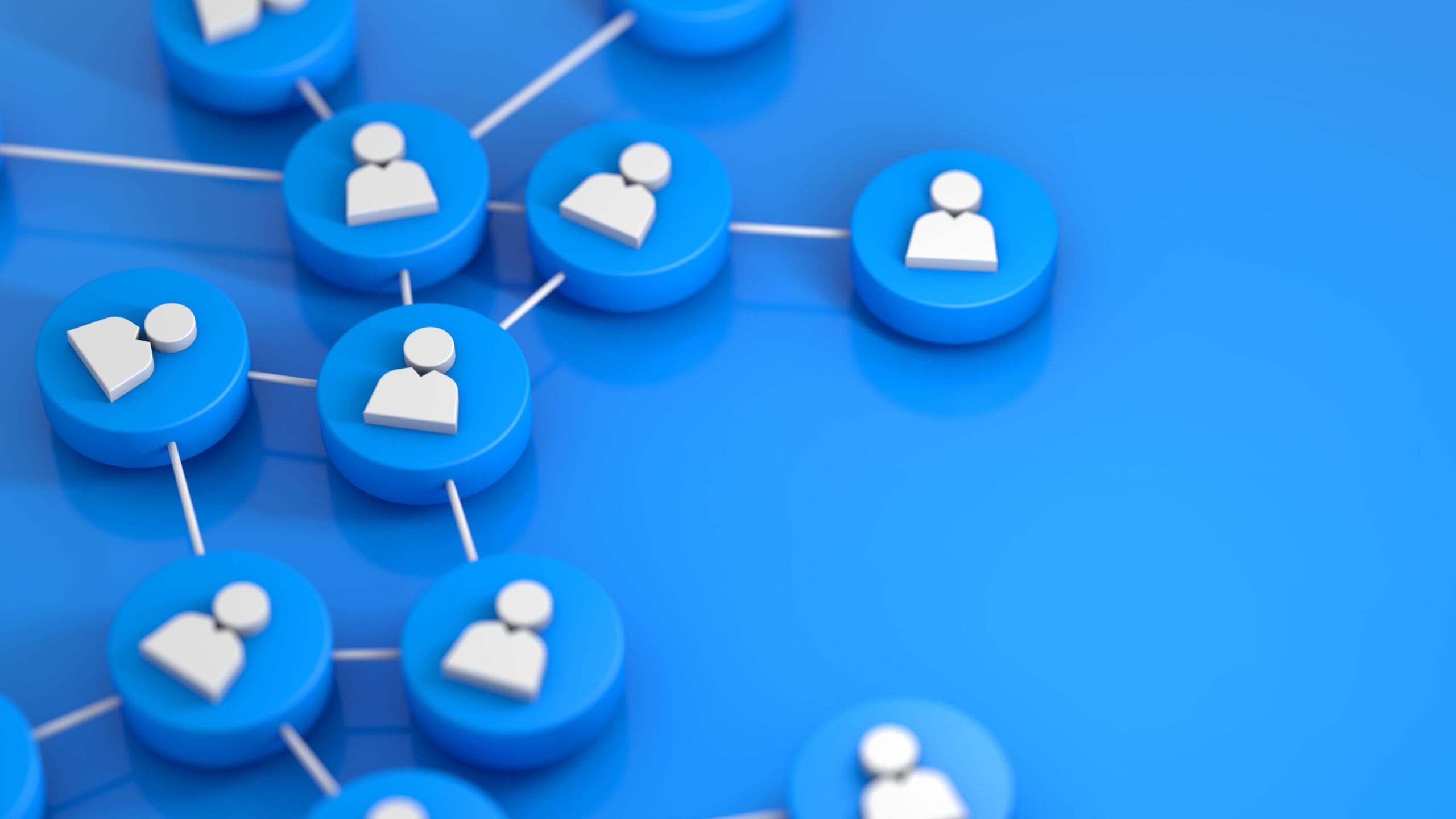 Blue circles connected by wireframe with a cartoon silhouette of a person inside each one