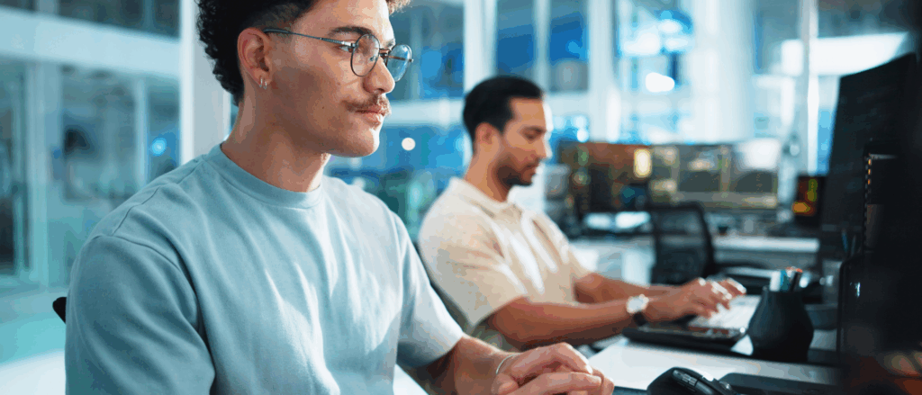 Two male medical coders at computer stations