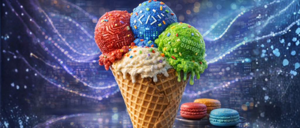 Photo of a ice cream cone with 4 scoops of various colors