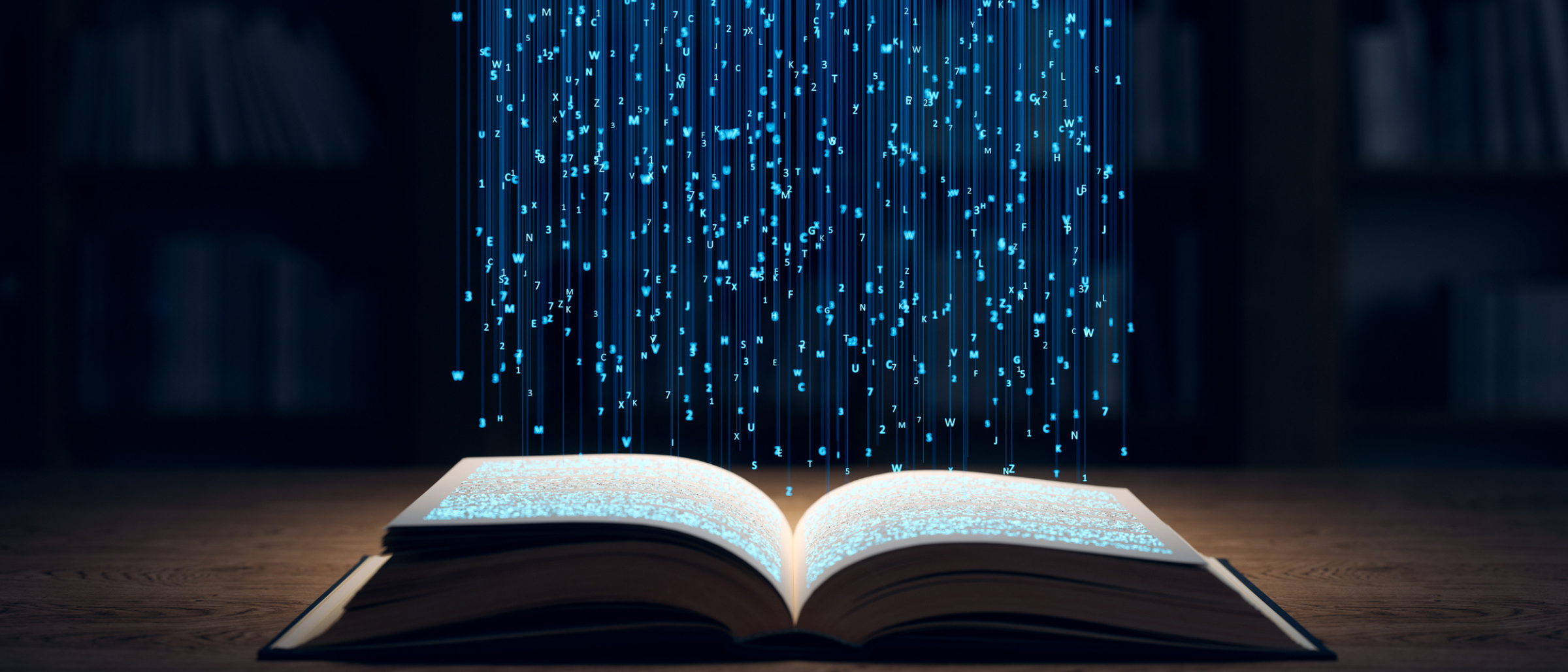 An open book with digital art rendering to represent code flowing out of the pages