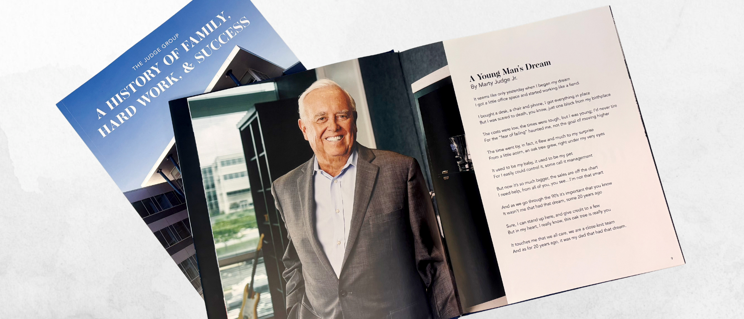 Spread from 'The Judge Group: A History of Family, Had Work, & Success' depicting Martin E Judge, Jr., Founder and Chairman of The Judge Group