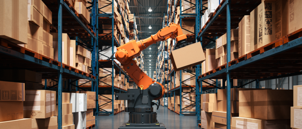 Robotic machinery moving boxes inside a warehouse