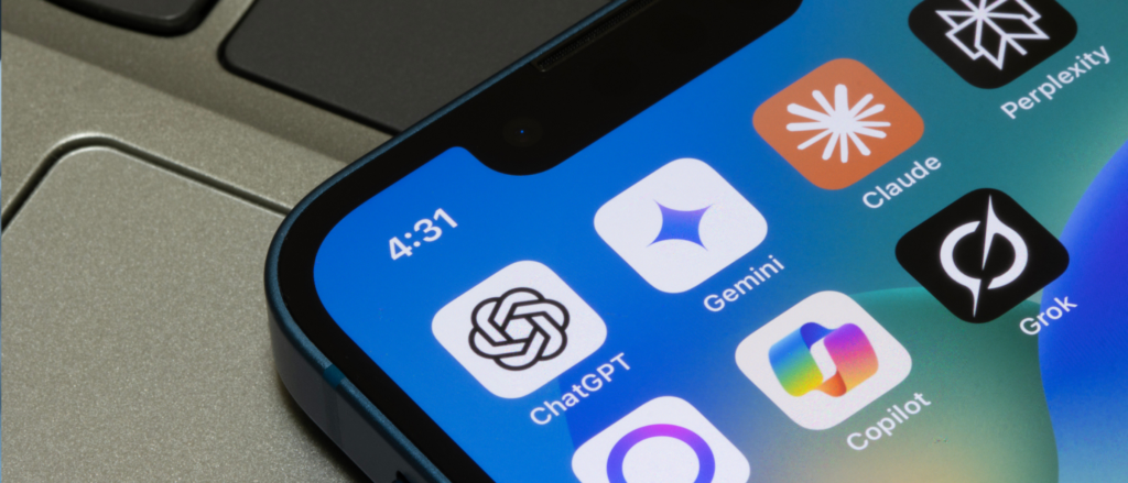Close up of a smartphone screen with multiple AI app icons displayed on the screen